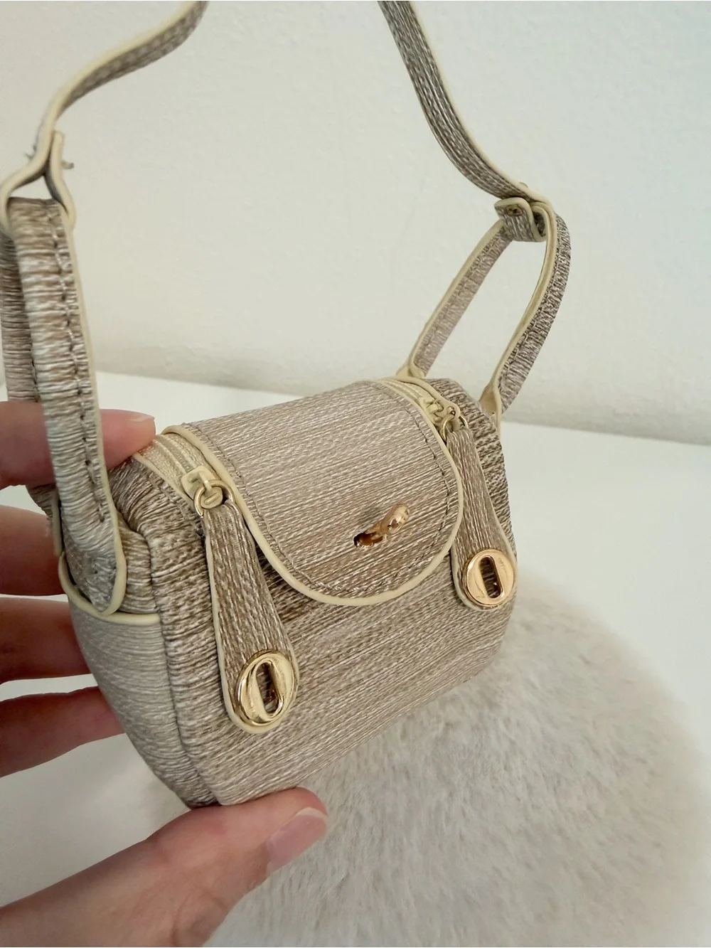 Mini Top Handle Bag Charm Woven Texture Coin Pouch Beige Luxury Style
